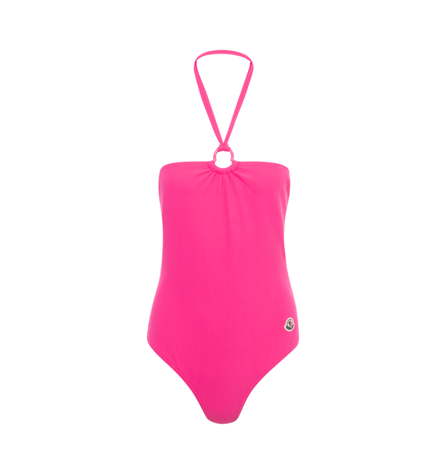 Image 1 of 2 - PINK - MONCLER One Piece Swimsuit featuring halter neck silhouette, stretch fabric and plastic logo. 89% polyamide/nylon, 11% elastane/spandex. 