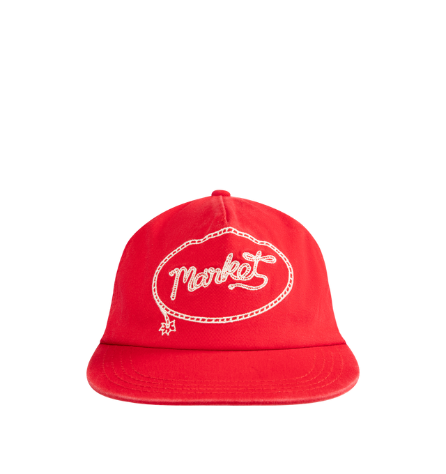 Image 1 of 2 - RED - MARKET Lasso Lockup 5-Panel Hat featuring fully embroidered 5-panel hat and an adjustable snap back.