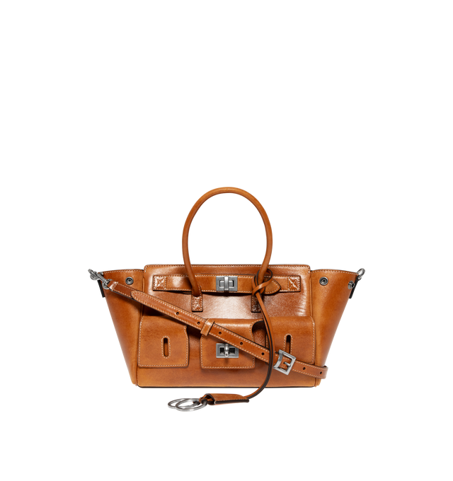 Image 1 of 3 - BROWN - BALENCIAGA Bel Air Carry All Bag Mini in cowboy vegetable tanned lambskin and aged-silver hardware featuring two handles with one handle clip, adjustable and removable strap, shoulder, crossbody and hand carry, Balenciaga Paris logo debossed with foil at back, removable cloche cls with two split rings, side snaps, turn lock closure, logo engraved on the closure system, wide front pocket, 1 main compartment, 2 inner zipped pockets and nappa lambskin bonded lining. Lambskin. Made in Ita