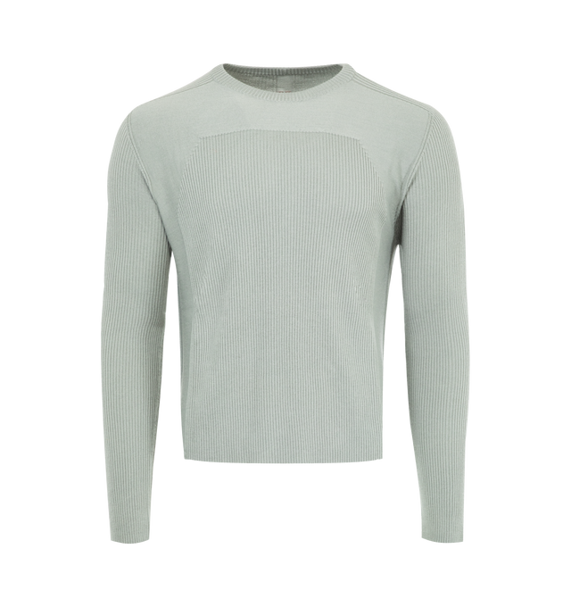 Image 1 of 2 - GREY - Rick Owens Ribbed knit sweater in an above the hip length with a slim fit, long sleeves, ribbed round neck, back and ribbed pattern on the shoulders. Features a contrast flat knit geo design on the front chest and signature line knit down the spine. 100% new wool with a soft feel.