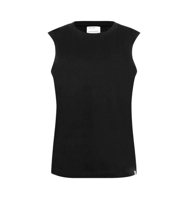 Image 1 of 2 - BLACK - Extreme Cashmere Women's N408 Muscle Tank Top is crafted from a lightweight cotton and cashmere blend and features a classic straight fit, crew neckline, sleeveless silhouette, and unfinished armhole edges for a modern, minimalist look. This designer knit tank top combines the breathable structure of cotton with the luxurious softness of cashmere, making it an effortless wardrobe essential for year-round layering. Main Material: 70% Cotton, 30% Cashmere.
