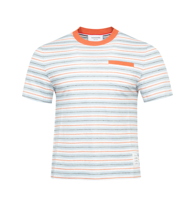 Image 1 of 2 - MULTI - THOM BROWNE Striped T-Shirt featuring rib knit crewneck, patch pocket at chest, textile logo patch at front, concealed tricolor grosgrain trim at tennis-tail hem and tricolor grosgrain flag at back collar. 96% linen, 4% elastane. Trim: 100% cotton. Made in Italy. 