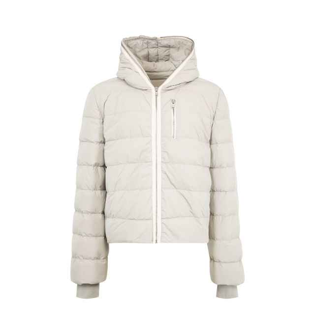 Image 1 of 3 - WHITE - RICK OWENS Gimp Jacket featuring a quilted design with down filling, front zip closure that extends the entire length of the garment, allowing one to fully close the hood, long sleeves with rib-knit cuffs and chest zip pocket. 100% nylon. Fill: 90% goose down, 10% mallard feathers. Made in Italy.