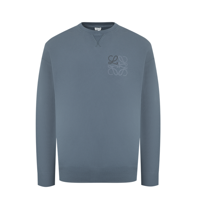 Image 1 of 2 - BLUE - LOEWE Anagram sweatshirt in medium-weight loopback cotton fleece featuring an embroidered and laser printed Anagram on the chest, relaxed fit, regular length, crew neck, ribbed collar, cuffs and hem and V stitch detail at the front. Cotton. Made in Portugal.