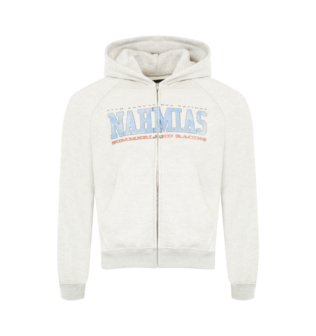 Image 1 of 2 - GREY - NAHMIAS Competition Girlfriend Zip Up Hoodie featuring zip front closure, hood, girlfriend fit, faded vintage look, front pockets and graphic on front and back. 100% cotton.