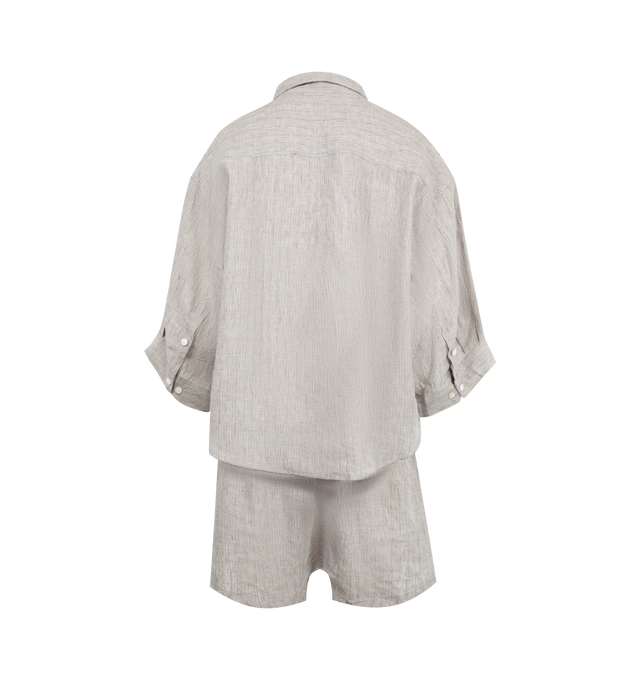 Image 2 of 7 - GREY - DEIJI STUDIOS 03 Set featuring an oversized box fit linen shirt with wide arms and a front pocket. Designed to sit mid rise, the loose fitting boxer style shorts have a faux button down fly and an elastic waist. 100% French linen.