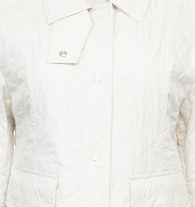 Image 4 of 4 - WHITE - MONCLER Galene Jacket featuring spread collar, snap front, long sleeves, snap cuffs, dual waist snap-flap pockets, adjustable drawcord waistband and mid-length. 100% polyester. Made in Romania. 