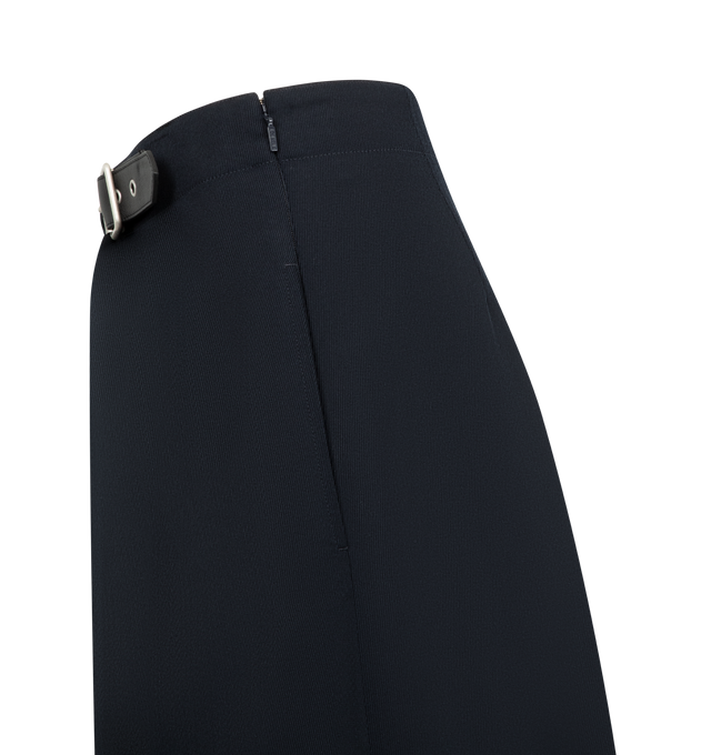 Image 3 of 4 - NAVY - LOEWE Cropped Belted Trousers in lightweight fluid wool tailoring featuring a gathered front with a leather belt detail, regular fit, cropped length, mid waist, loose leg, side zip fastening, seam pockets, buttoned rear jet pocket, pressed creases at the front and LOEWE embossed leather patch placed at the back. Wool. Made in Italy.