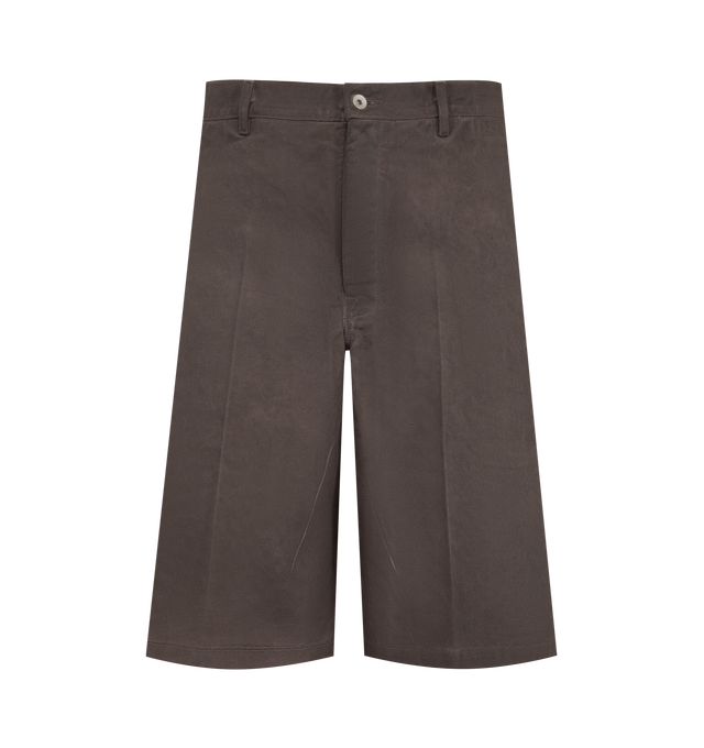 Image 1 of 3 - BROWN - Rick Owens Men's DRKSHDW Wool Work Shorts. These distinctive shorts feature a wide-leg, relaxed silhouette that falls around or below the knee, designed with a clean front button closure, integrated belt loops, and structured front creases. Materials: Inner Layer: 100% Cupro. Outer Layer: 100% Wool.
