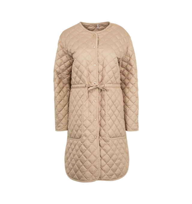 Image 1 of 5 - BROWN - Moncler Etelan Quilted Long Parka has a detachable hood, a snap-front closure, dropped shoulders, an adjustable drawstring waist, a logo patch on the sleeve, patch pockets, and a rounded hem. Down and feather fill. Polyester and leather exterior.
