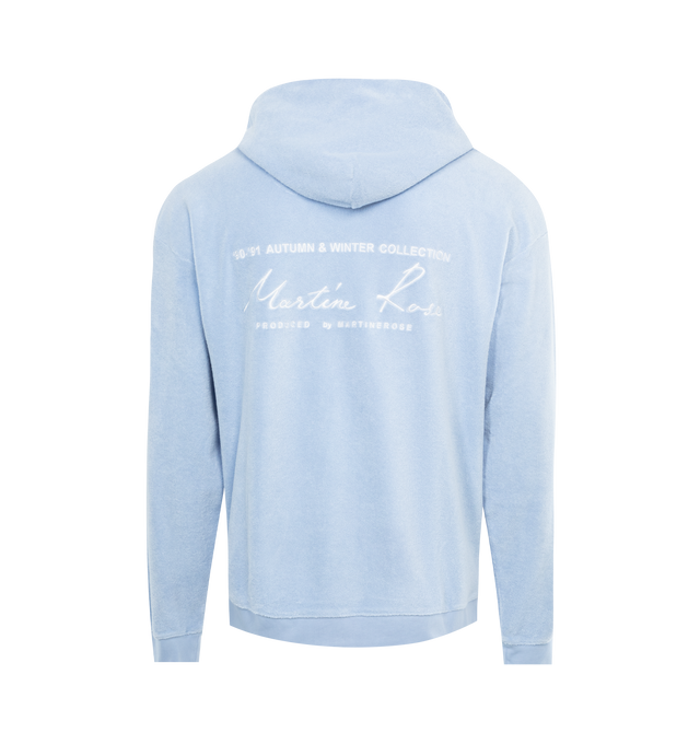 Image 2 of 3 - BLUE - MARTINE ROSE Classic Hoodie made from Martine Rose signature jersey featuring a drawstring hood, front pouch pocket and ribbed trims, and signature Martine Rose logo screen printed in white at the back. Unisex brand in men's sizing. 100% Cotton. Made in Portugal.  