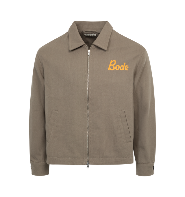 Image 1 of 2 - GREY - BODE Low Lying Summer Club Jacket featuring logo on the front lapel and "Low Lying Summer Club" on the back, boxy fit, zip front closure and two front welt pockets. 100% cotton. Made in India. 