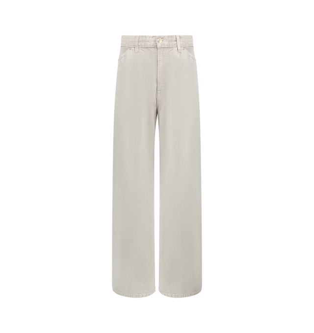 Image 1 of 3 - GREY - RUADH The Archer Jean featuring high rise relaxed trouser jean tailored in recycled cotton rigid denim. Fits true to size and is intended for an oversized slouchy fit. Detailing includes RADH signature triple beltloops at back waist and semi-precious gold hardware. zip fly, shank closure. Sleek and tailored, this jean is a polished classic. 20% Pre-Consumer Recycled Cotton, 80% Better Cotton. Made in the USA.