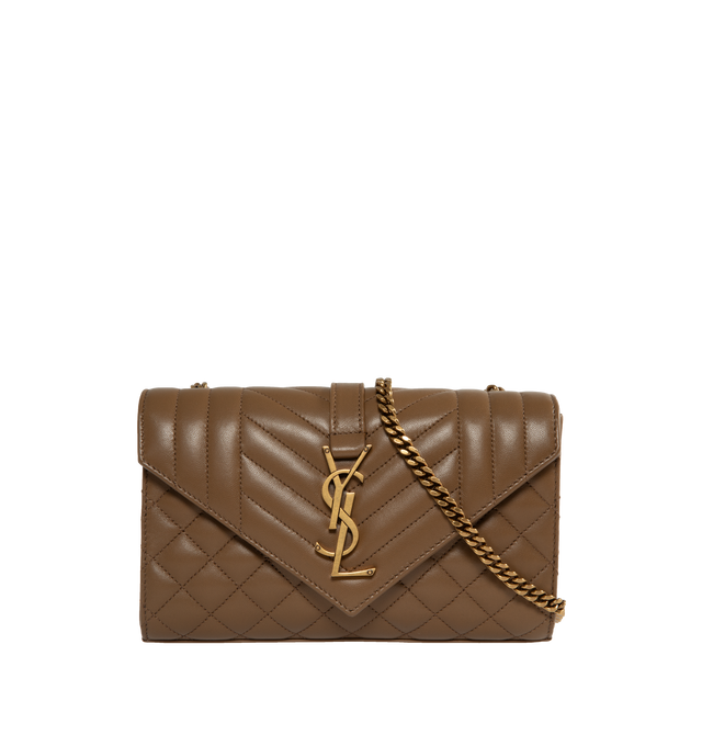 Image 1 of 3 - BROWN - SAINT LAURENT Envelope Small Bag featuring flap front, chevron and diamond quilt overstitching, adjustable chain, one exterior back pocket, magnetic snap tab and one interior slot pocket. 8.2 X 5.1 X 2.3 inches. Chain length: 21.6 in. 80% lambskin, 20% brass. Made in Italy.  