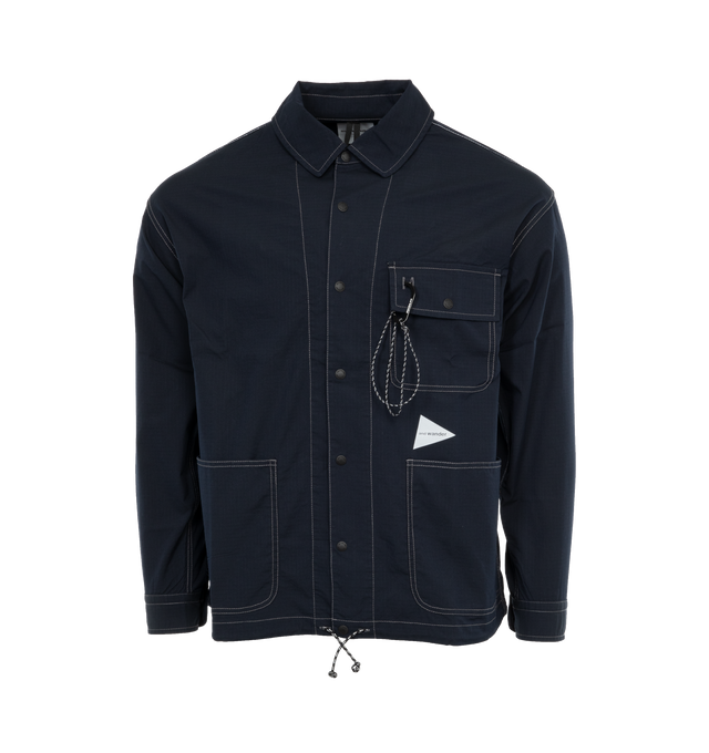 Image 1 of 3 - NAVY - AND WANDER 55 Dry Rip Shirt Jacket featuring logo-print to the front, reflective detailing, contrast stitching, pointed flat collar, front button fastening, two front patch pockets, long sleeves and straight hem. 89% polyester, 11% aramid. 