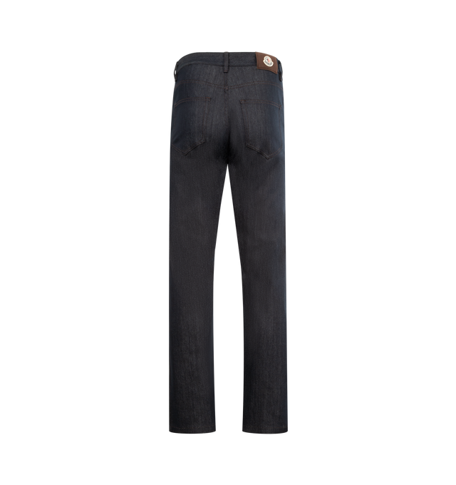 Image 2 of 3 - NAVY - MONCLER Straight Leg Denim Jeans featuring comfort denim, zipper and snap button closure and logo patch. 75% cotton, 24% polyester, 1% elastane/spandex.