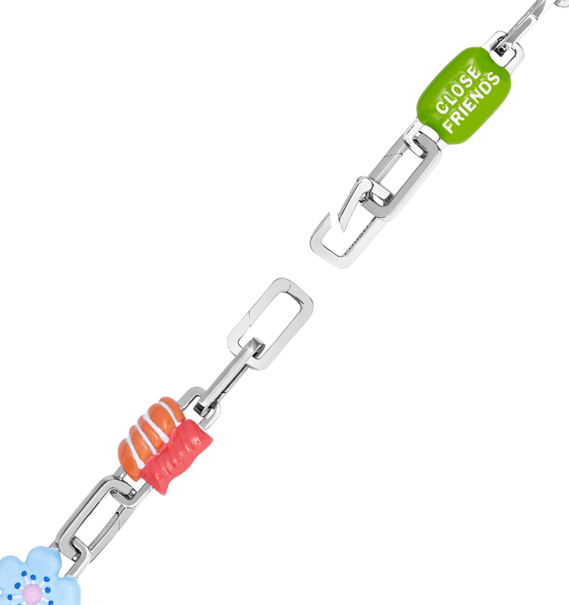 Image 7 of 9 - MULTI - Poubel by The Gstaad Guy Colton completed bracelet set. An ode to the hypebeast homies, matcha wifeys, and everything in between, The Colton Completed Set includes: 1x Close Friends Charm, 1x Heart Hands Charm, 1x Iced Matcha Charm, 1x Headphones Charm, 1x Fleur Bleue Charm (also known as The Blue Flower), 1x Sushi Charm, 9x interchangeable sterling silver links. Poubel links are made with recycled, rhodium plated, sterling silver, comprised of 92.5% pure silver and 7.5% other metal