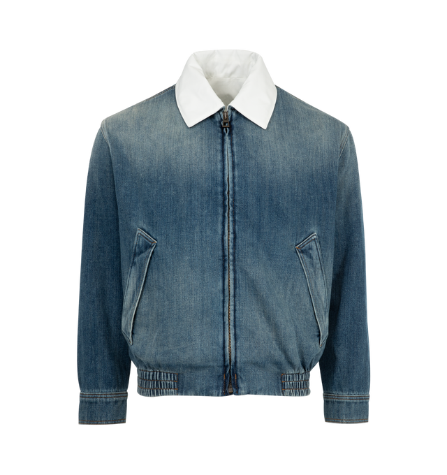 Image 1 of 3 - BLUE - LOEWE Denim Zip Jacket featuring long sleeves with button cuffs, elastic waist, zip front closure, classic collar and slit pockets. Cotton.