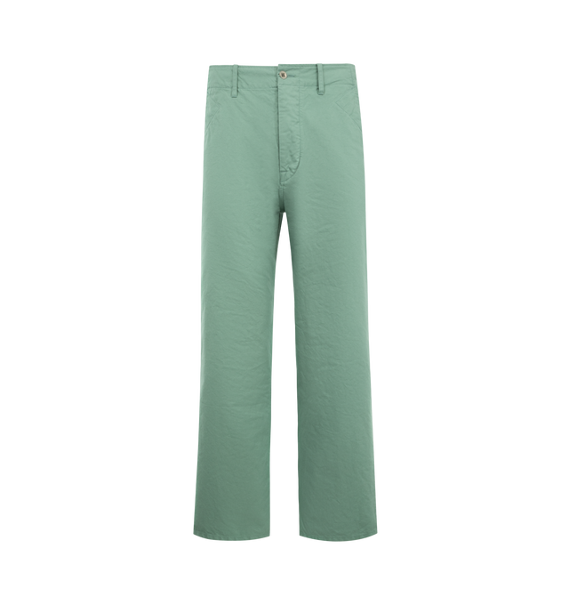 Image 1 of 3 - GREEN - VISVIM Gesso Pant featuring straight-leg fit, a button-up fly, triangular stitching around the pockets, belt loops at waist and 4 pocket style. 100% cotton. Made in Japan.