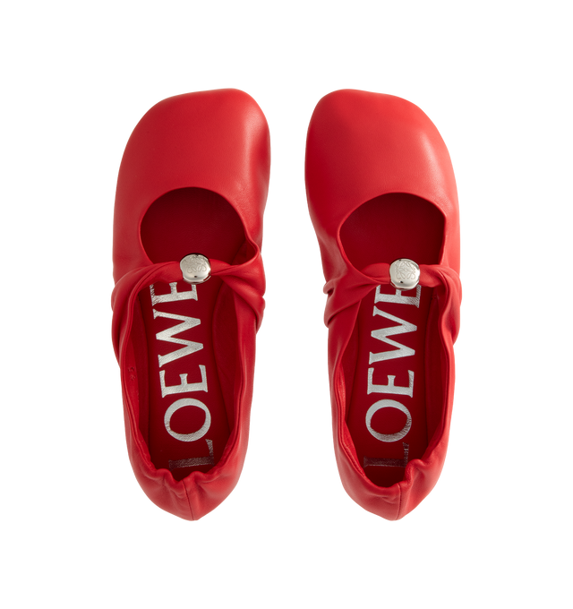 Image 4 of 4 - RED - Loewe Women's Pebble Soft Ballerina Flat in supple nappa lambskin with a flexible upper engineered for extra comfort, featuring a metallic pebble with an Anagram engraved detail and a signature petal toe shape, padded leather insole and Anagram embossed rubber outsole. Nappa lambskin. Made in Italy.