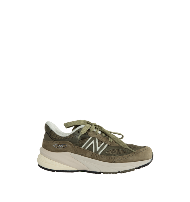 Image 1 of 5 - GREEN - New Balance MADE in USA 990v6 running shoe in a 'true camo' woodland-inspired palette featuring performance-inspired updates. The upper dispenses with the standard midfoot saddle, allowing the suede and synthetic overlays to flow from heel to toe across the mesh underlay, for a speedy, streamlined look.   FuelCell midsole cushioning delivers a propulsive feel to help drive you forward, ENCAP midsole cushioning combines lightweight foam with a durable polyurethane rim to deliver all-da 
