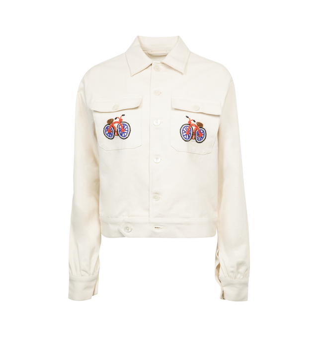 Image 1 of 2 - WHITE - BODE Beaded Bicycle Jacket featuring embroidered bicycles in beading, heavyweight cotton twill, classic collar and button front closure. 100% cotton. Made in India. 