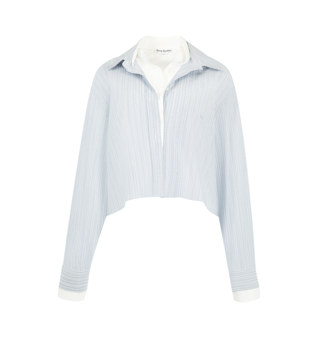 Image 1 of 2 - BLUE - Acne Studios Women's Cropped Layered Shirt features a cropped silhouette with a layered-look construction, combining a striped outer shirt with a contrasting inner collar detail. Designed with a point collar, concealed button-front closure, chest pocket, and elongated sleeves with button cuffs, the style balances classic shirting elements. Closure: Button Front. Collar: Point Collar. Pockets: Chest Pocket. Sleeves: Long Sleeves with Button Cuffs.