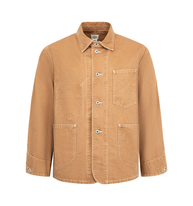Image 1 of 2 - BROWN - POST O'ALLS Post 46 Shirt featuring front button closure, collar, 3 front pockets, one interior pocket and buttoned cuffs. 100% cotton. Made in Japan.