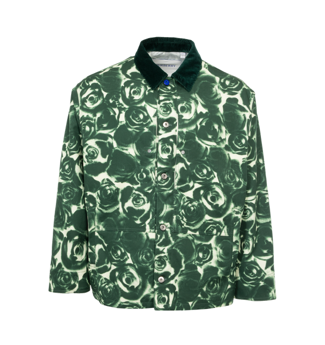 Image 1 of 4 - GREEN - BURBERRY Printed Shirt featuring button fastenings at front, spread collar, buttoned cuffs, relaxed fit, corduroy trim at collar, long sleeves, two slip pockets at sides and all-over contrast floral pattern. 100% cotton. 