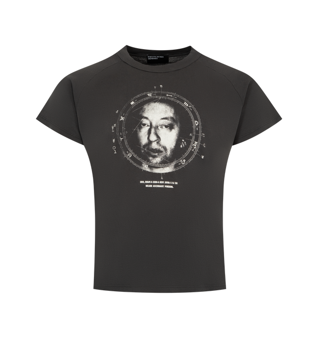 Image 1 of 2 - BLACK - ENFANTS RICHES DEPRIMES Serge Raglan T-Shirt featuring medium-weight cotton baby rib, a raglan short-sleeve construction and mock neck, fitted baby tee silhouette, single stitch at the cuffs, an overedge hem at the waist, printed artwork on both the front and back and faded, lived-in look. 100% cotton. Made in United States.