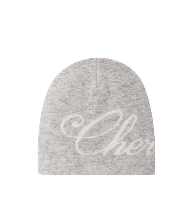 Image 1 of 3 - GREY - Cherry LA Skull Cap is crafted from a luxurious wool and cashmere blend and features a classic skull cap silhouette designed for everyday cold-weather wear. Finished with Cherry script branding along the body, this elevated essential combines lightweight warmth with a soft, comfortable feel. Main Material: Wool and Cashmere Blend.