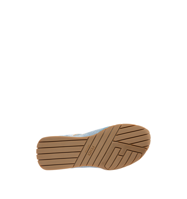Image 4 of 5 - BLUE - FENDI Wave Pulse Sneaker featuring low-top, lace-up, suede and denim with and tone-on-tone suede-effect printed details, inserts and folded tongue made of the same material, mlange tubular laces, three-dimensional rubber logo on the side, gold-colored metal Fendi logo on the tongue, rubber running sole with wraparound edge on the side and diagonal F motif. 100% calfskin. Inside: 100% lambskin. Made in Italy.