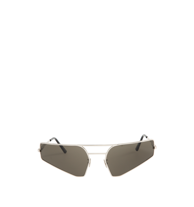 Image 1 of 3 - SILVER - RICK OWENS Prong Sunglasses featuring black lenses, cut-out at front, nose pads, thin temples, silver-toned hardware and internal brand print. Frame: 100% stainless steel. Lenses: 100% nylon. 100% UV protection. Made in Italy.