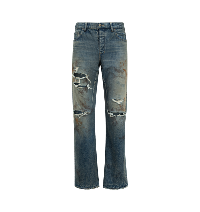 Image 1 of 3 - BLUE - DRKSHDW Kurdt Jeans featuring button fly closure, 6-pocket styling, intentionally distressed and faded fabric and midweight rigid denim. 100% cotton. Made in Japan.