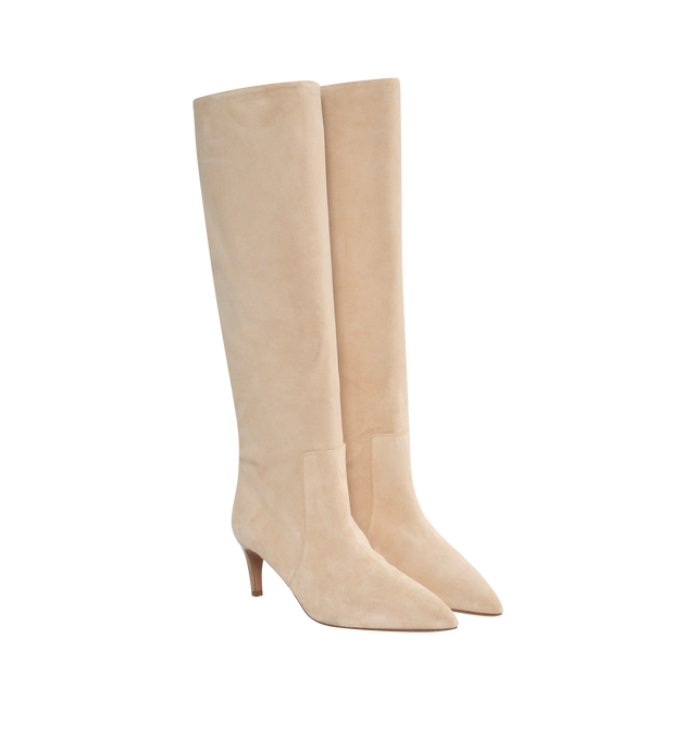 Image 2 of 4 - WHITE - PARIS TEXAS Knee-high Suede Boots featuring pointed toe, grained leather lining, stacked leather kitten heel with rubber injection and leather sole. H2.5". Upper: leather. Sole: leather, rubber. Made in Italy. 