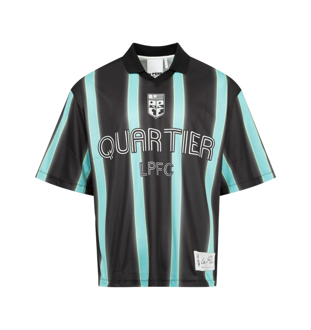 Image 1 of 2 - BLACK - LE PERE LPFC Striped Football Jersey featuring premium Spanish jersey fabric, a custom le PRE club crest on the front, numbers on the back, stripes throughout, short sleeves and collar. 100% PES. Made in Portugal.