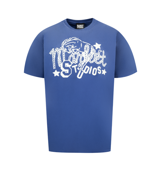 Image 1 of 2 - BLUE - MARKET Old West Studios Graphic T-Shirt featuring a relaxed fit, crewneck, short sleeves and graphic on front. 100% cotton.