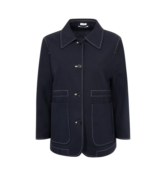 Image 1 of 3 - BLUE - THOM BROWN jacket in a relaxed silhouette with contrasting track stitching against a dark navy blue cotton-blend crepe. Features two front patch pockets,  internal drawstring waist, classic collar, front button fastening and a straight hem. Cotton 98%, Polyamide 2%. Made in Italy. 