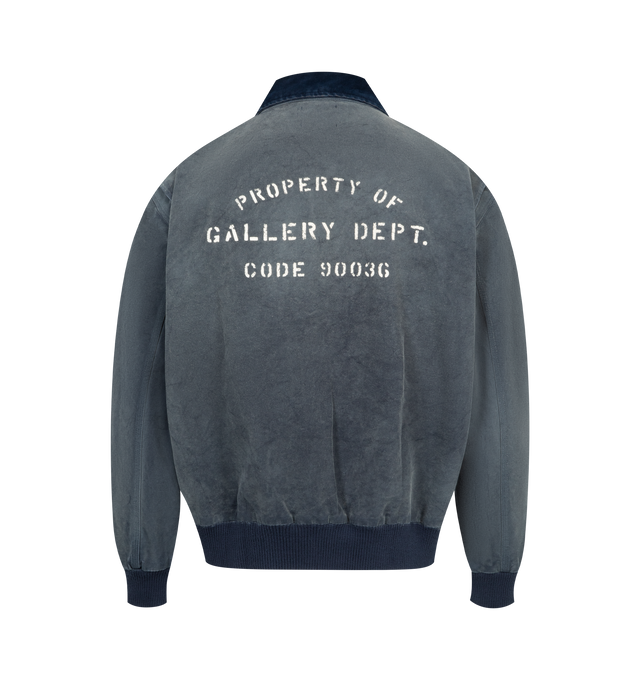 Image 2 of 3 - BLUE - GALLERY DEPT. Mechanic Bomber Jacket is crafted from cotton, faded and distressed to emulate authentic workwear featuring a relaxed fit, printed logos, appliqud patches, a cotton-corduroy collar and ribbed hem and cuffs. Cotton.