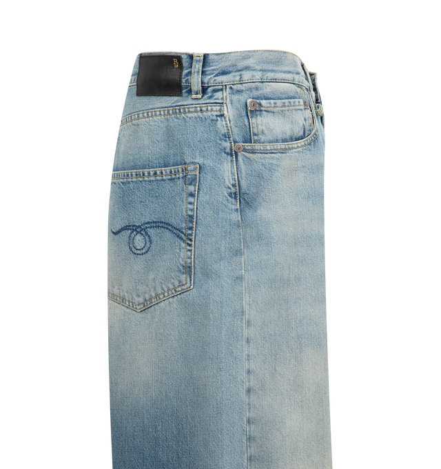 Image 3 of 3 - BLUE - R13 Venti Jean featuring washed denim, faded effect, concealed fly and button fastening, belt loops, classic five pockets, logo patch to the rear and wide leg. 92% cotton, 8% elastomultiester. Made in Italy.