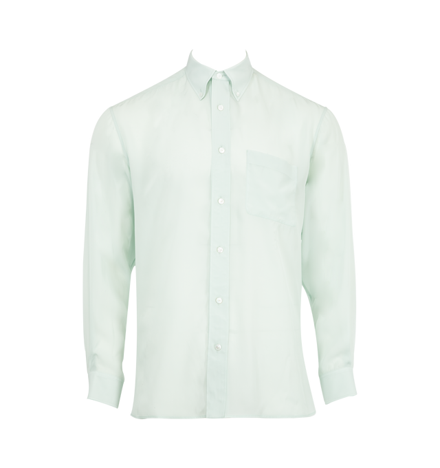 Image 1 of 2 - GREEN - THE ROW Bresson Shirt featuring classic button-up shirt in fluid cupro with regular fit, front patch pocket, and exposed front placket with mother-of-pearl buttons. 100% cupro. Made in Italy.