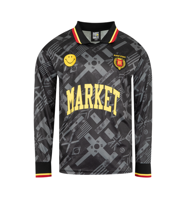Image 1 of 2 - BLACK - MARKET Smiley International Flags Soccer Jersey featuring pointed collar, long sleeves, ribbed cuffs, smiley and crest logo patches on the front chest and printed brand logo on the front and back. 100% polyester.