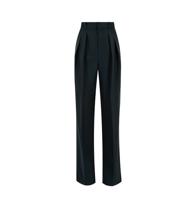 Image 1 of 3 - BLUE - SAINT LAURENT Wide-Leg Pants in wool and mohair featuring mid-rise, tailored fit, a wide leg with double pleat, center crease, certified wool and certified mohair, cotton and elastane lining, concealed front button, hook, and zip closure, two slash pockets at the front two jetted pockets at the back and waistband with belt loops. 75% wool, 25% mohair. Made in Italy.