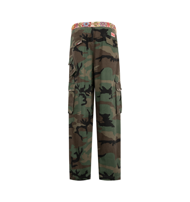 Image 2 of 3 - GREEN - Nahmias Men's Camo Volume Cargo is crafted from cotton and features a voluminous cargo silhouette accented by rainbow repair stitch detailing throughout. Designed in Los Angeles, this style is finished with a handcrafted Peruvian crochet belt at the waist, with each belt featuring unique color variations. Main Material: 100% Cotton.