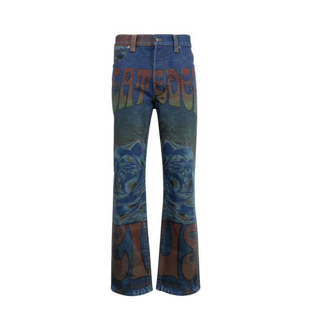 Image 1 of 3 - BLUE - COUT DE LA LIBERTE Rafa Circus Print Straight Jean featuring long length, straight hem, button zip front closure, 5 pocket style, belt loops and graphic print thoughout. 100% cotton. Made In USA.