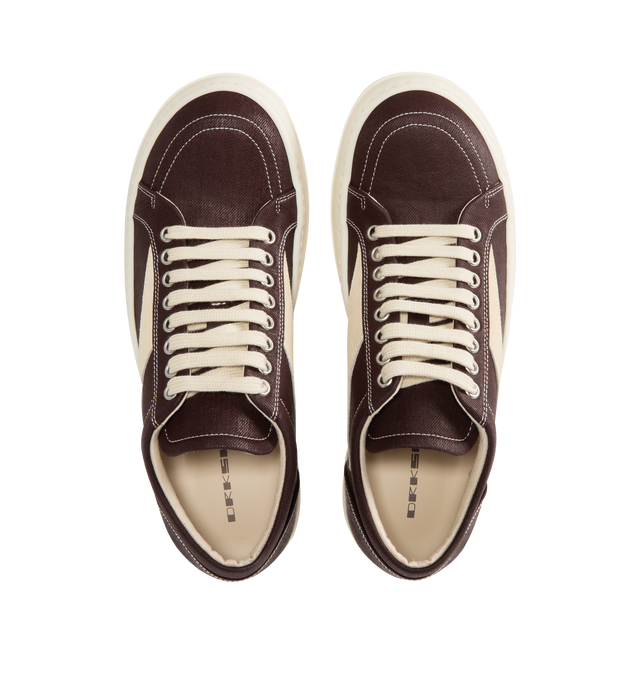 Image 5 of 5 - BROWN - DRKSHDW Vintage Sneaks Sneakers featuring low-top, lace-up closure, padded collar, calfskin suede appliqu at sides, twill lining, treaded rubber sole and contrast stitching in white. Upper: textile, calfskin. Sole: rubber. Made in Italy.