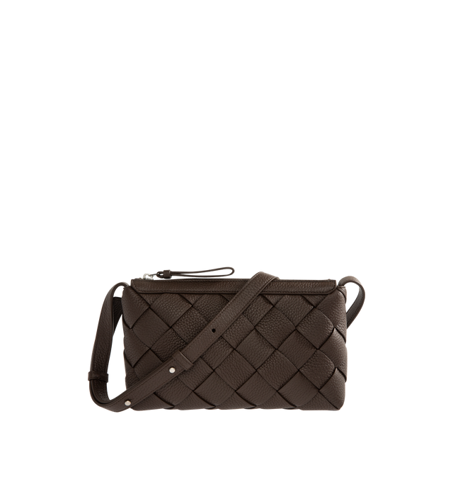 Image 1 of 3 - BROWN - BOTTEGA VENETA Diago Zipped Messenger Bag featuring zipped cross-body bag in grained Intreccio leather with adjustable strap, single interior zipped pocket and two flat open pockets. Calfskin. Lining: canvas. 5.9" x 9.8" x 2". Strap drop: 19.7". Made in Italy.