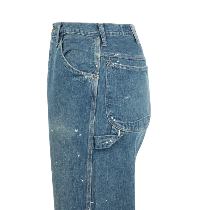 Image 3 of 3 - BLUE - ORSLOW Denim Painters Pants Used Wash Jean featuring 9oz original denim, button fly, top snap button, coin pocket, tool pocket on right foot, hammer loop on left foot, large rounded back pocket design and 3 needle stitch sewing on the side. 100% cotton. Made in Japan.