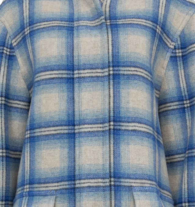 Image 3 of 3 - BLUE - ISABEL MARANT Emeline Coat featuring plaid print throughout, long sleeves, below knee length, hidden zipper front closure and flap patch pockets. 75% wool, 25% polyamide. 100% cotton.  