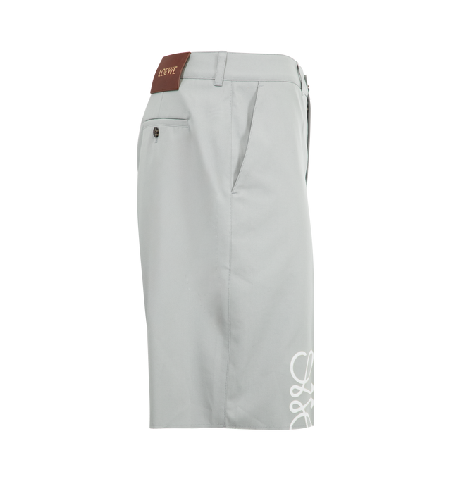Image 3 of 3 - GREY - LOEWE Anagram Shorts in lightweight compact cotton twill featuring Anagram cut-outs at the knees, regular fit, regular length, mid waist, concealed button fly, slash pockets, rear patch pockets and LOEWE embossed leather patch placed at the back. Cotton. Made in Italy.